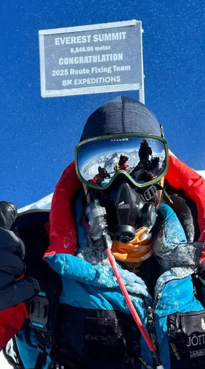 Mitch Hutchcraft wears VALLON Freebirds goggles on the summit of Mount Everest having completed Project LIMITLESS