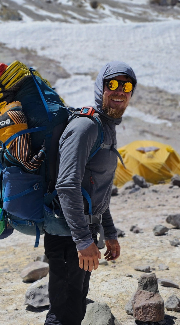 VALLON Trailblazer Oli France climbing Aconcagua wearing Heron Glacier sunglasses