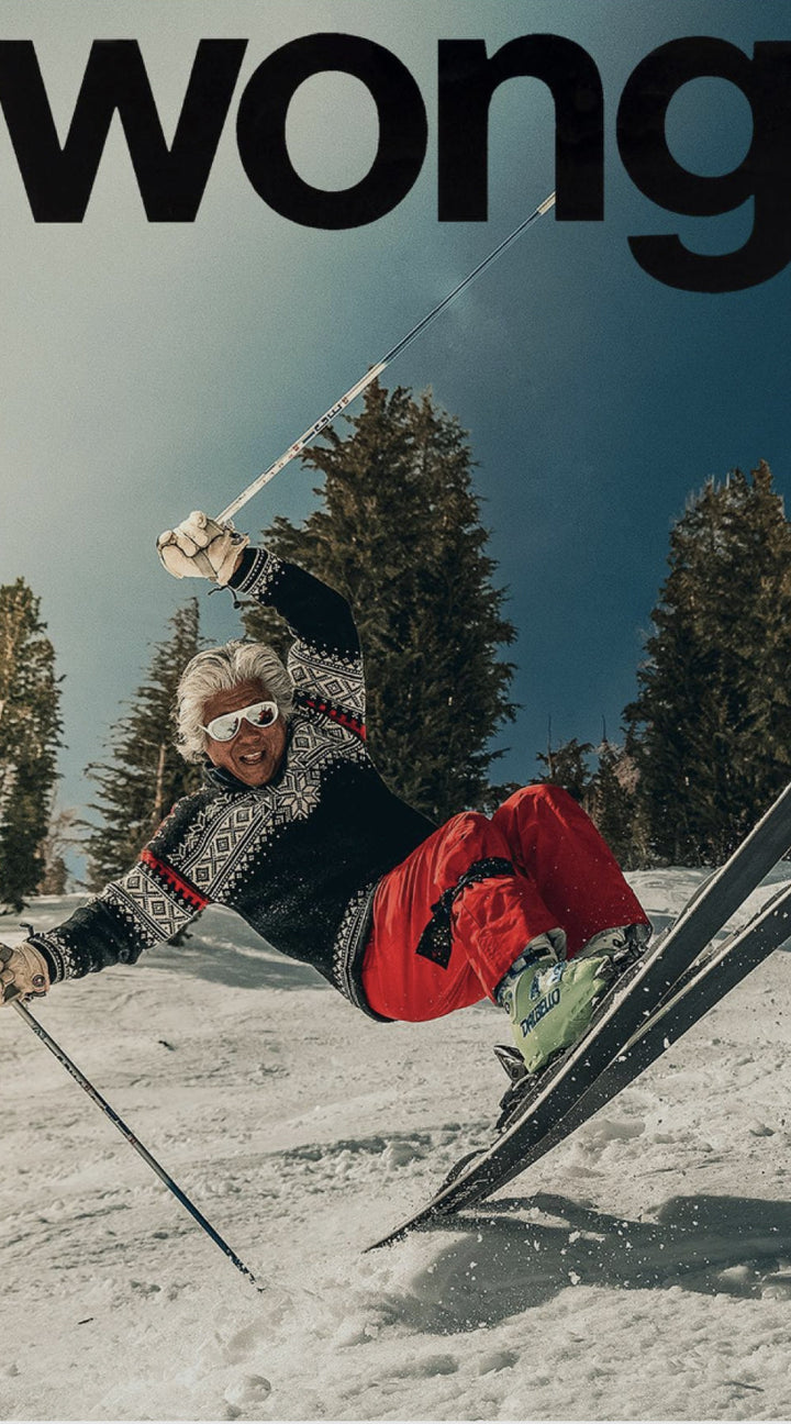 Ski legend Wayne Wong recreates his iconic poster 50 years on with ski eyewear brand VALLON. He wears his iconic white Ski Aviators in the poster