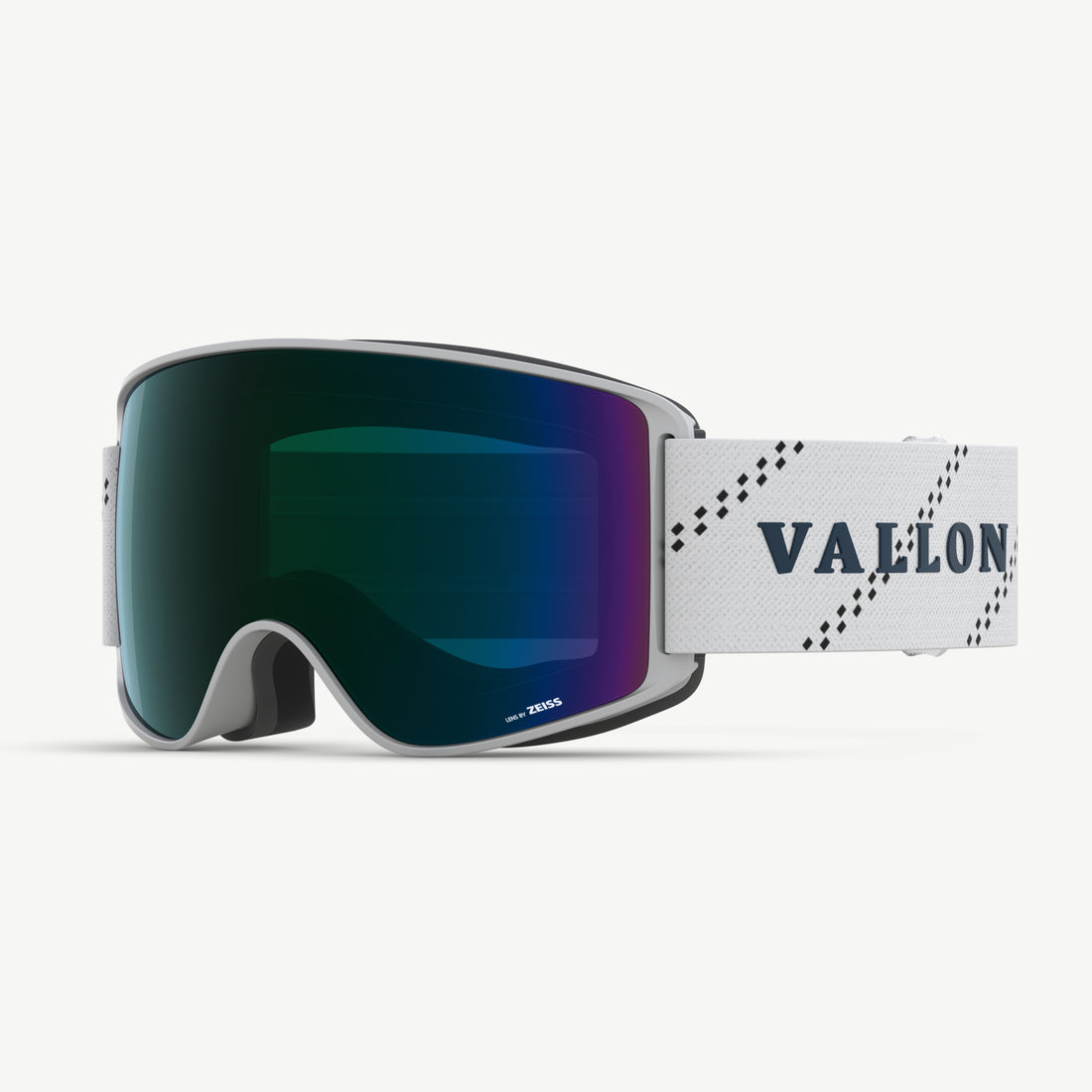 Side view of high-performance Crossroads ski goggles from VALLON with ZEISS toric lens, white TPU frame and green lens coating