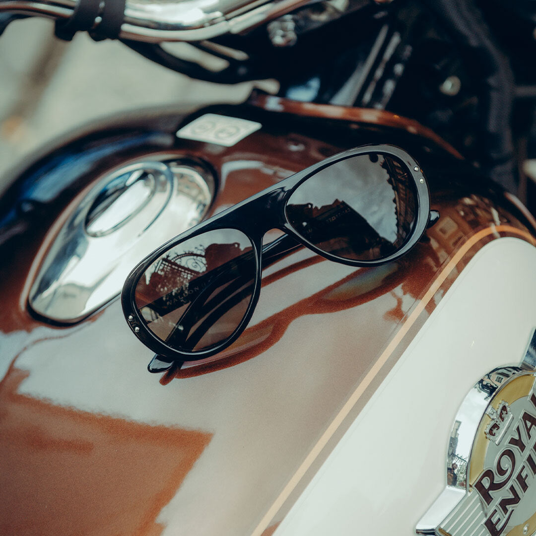 Close up of Black-Smoke Royal Enfield Special Edition Moto Aviators from VALLON on a motorbike