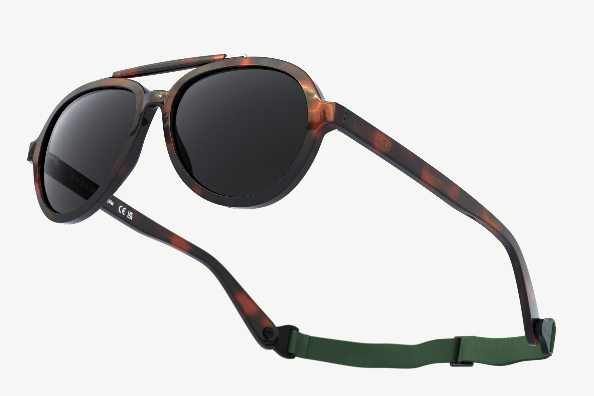 Close up of VALLON Ella brow-bar aviator sunglasses with detachable sports headstrap