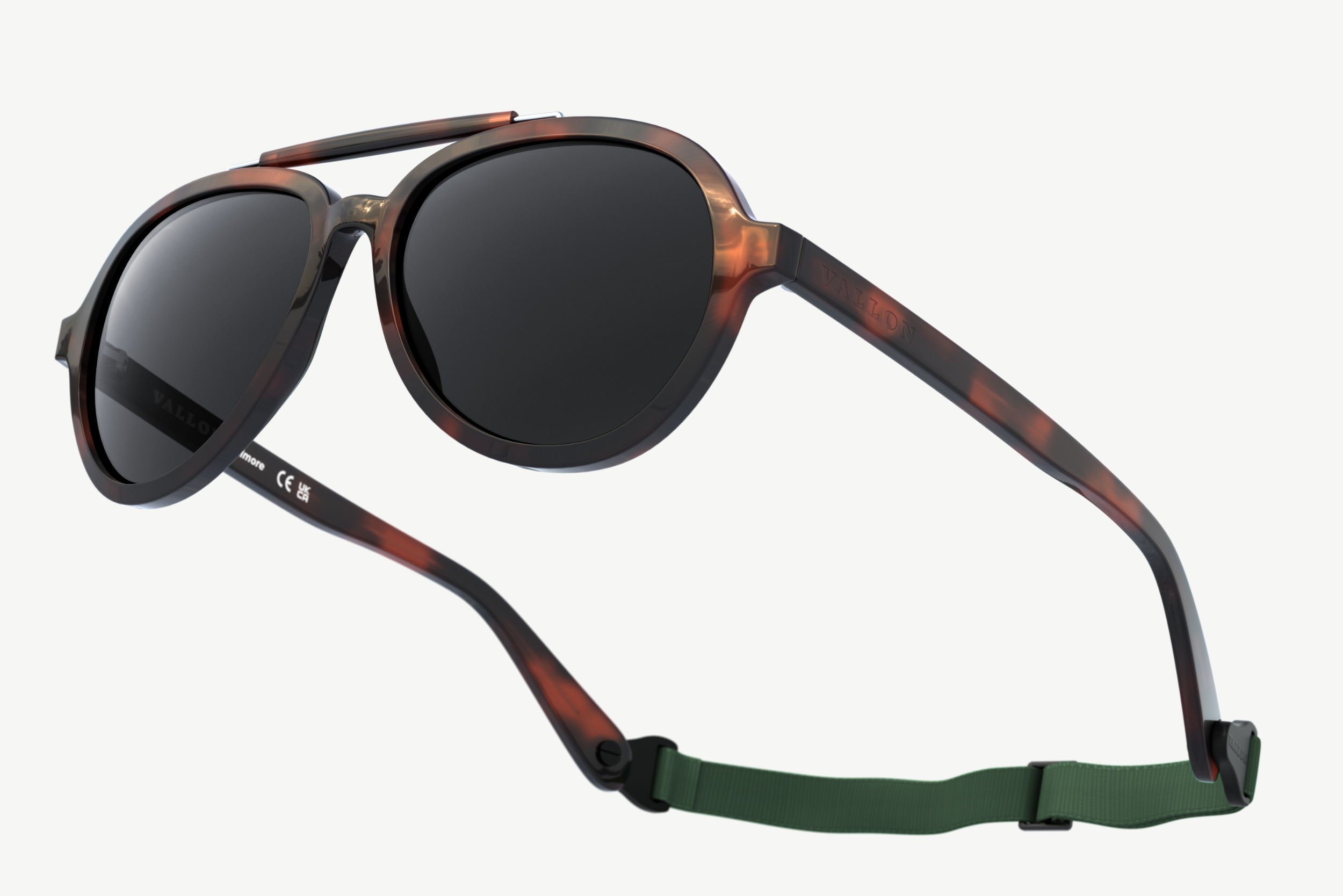 Close up of VALLON Elmore brow-bar aviator sunglasses with detachable sports headstrap