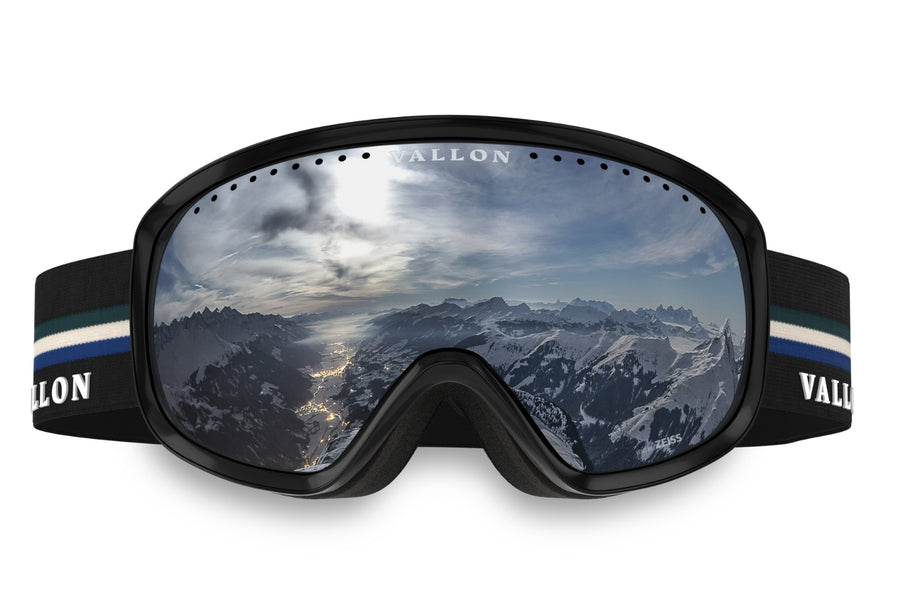 Freebirds black and silver, retro ski goggles with mirrored lens.