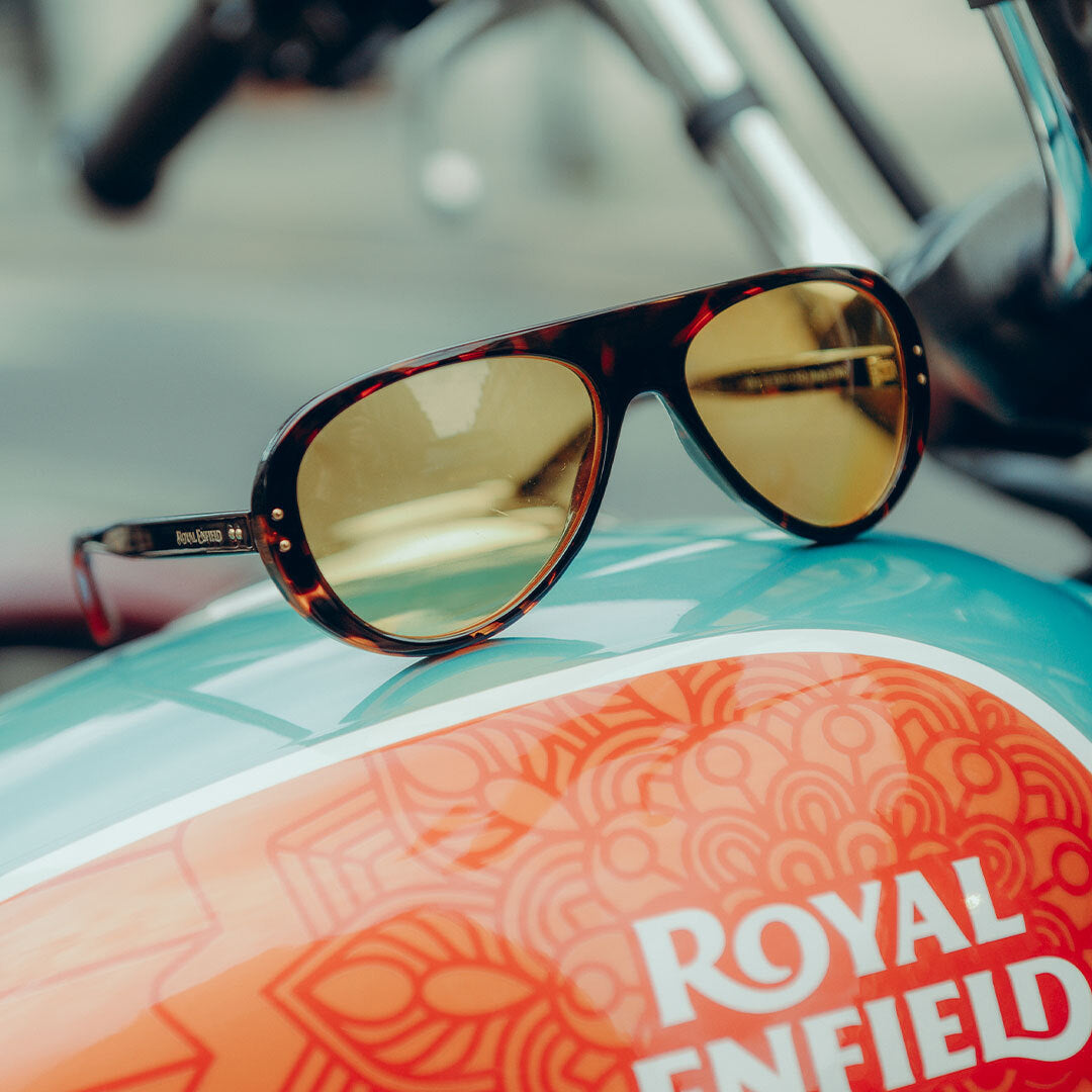 Close up of Royal Enfield Special Edition Moto Aviators from VALLON in Dark Tortoise-Yellow on a motorbike