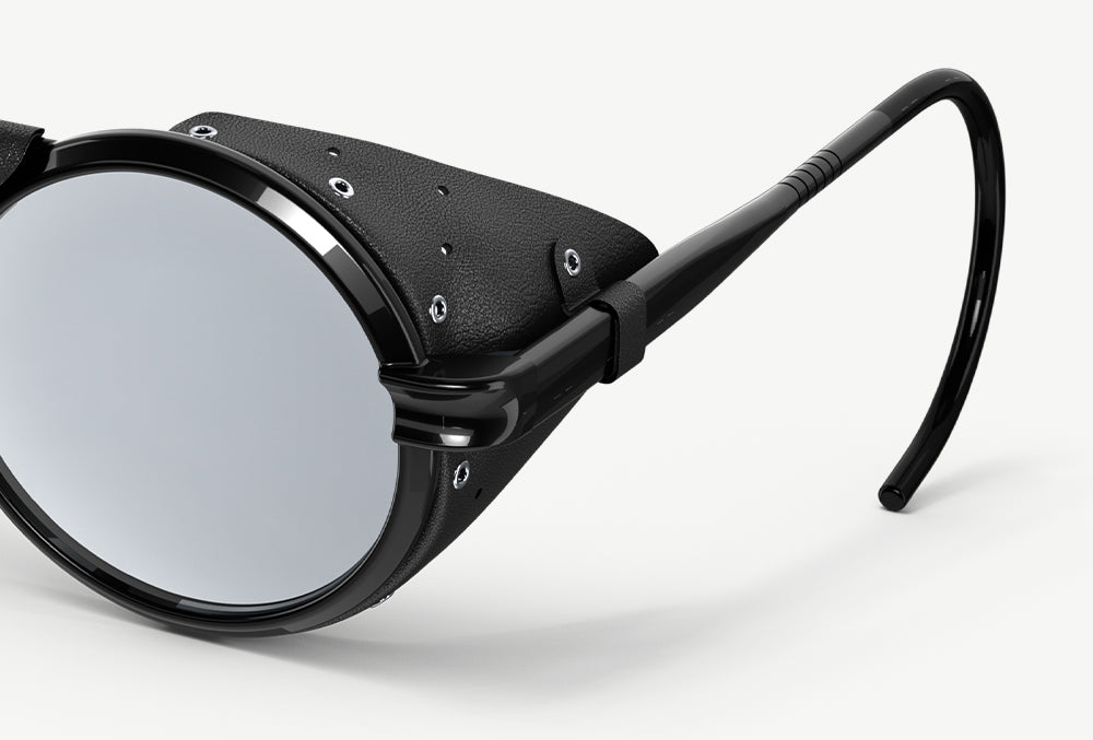 A close up of Heron Glacier sunglasses' side shields made of genuine leather