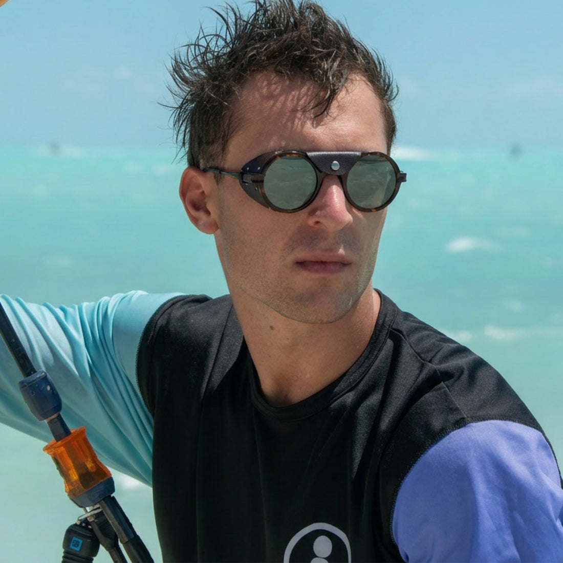Man wears Heron Ocean sunglasses in Tortoise from VALLON