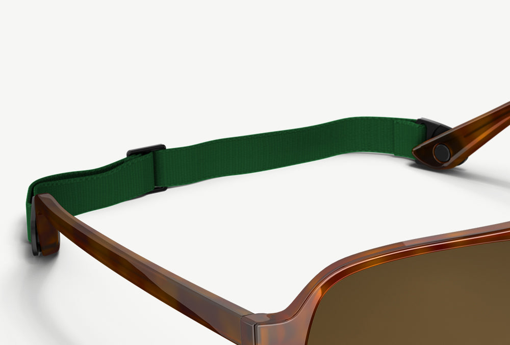 A close-up of VALLON's Sports Headstrap attached to Howlin' sunglasses