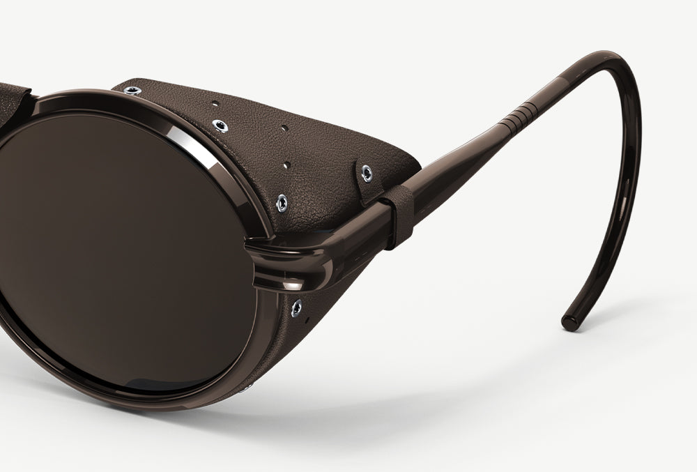 A close-up of Heron Mountain sunglasses leather side shields