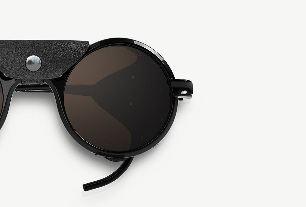 A close-up of Heron Mountain sunglasses polycarbonate lenses