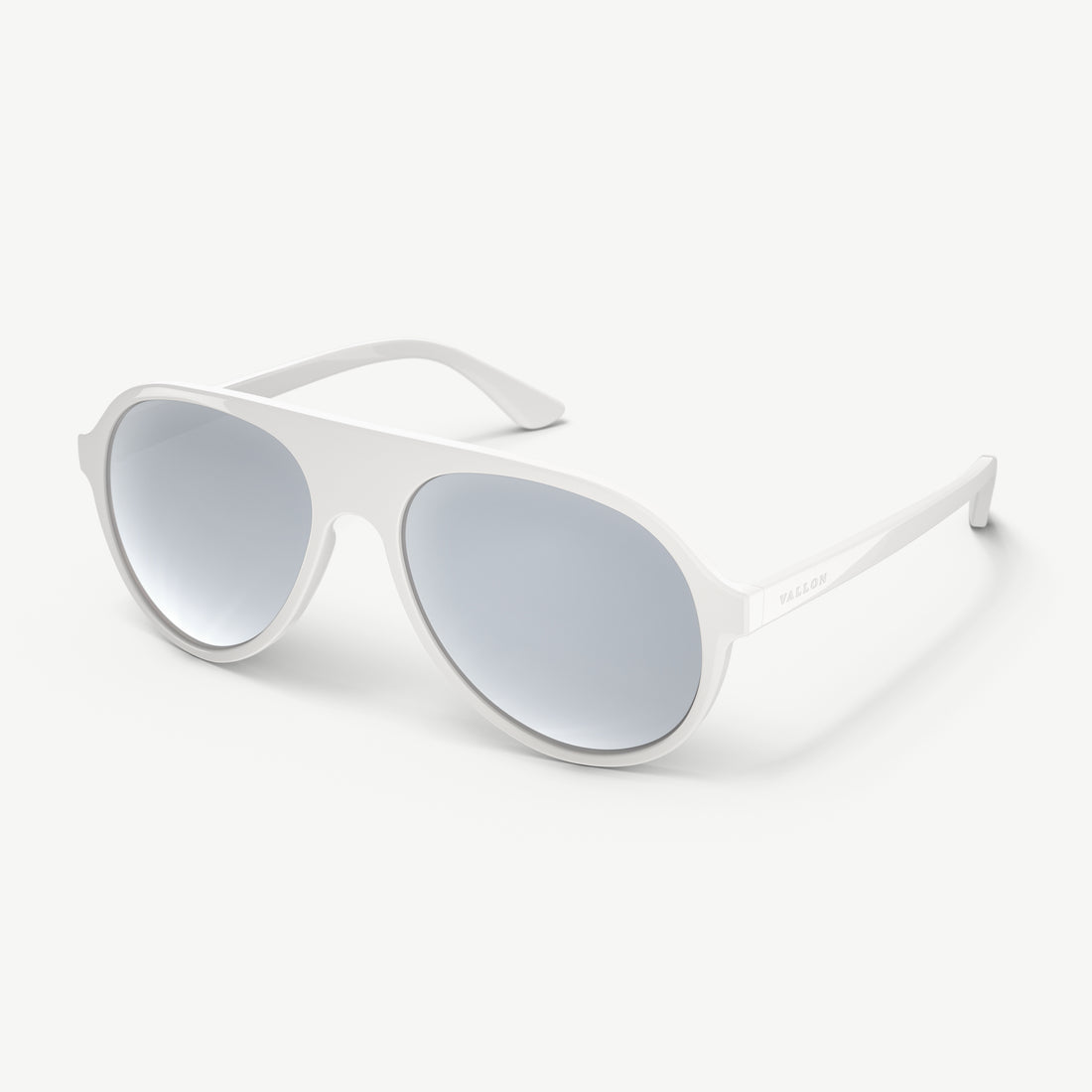 Side view of VALLON 80s-inspired Hazlewood sunglasses with full-mirror V52 lenses in White