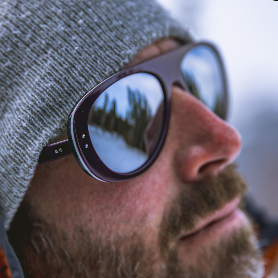 Man wears Ski Aviators Tricolor Purple from VALLON with Rx prescription lenses
