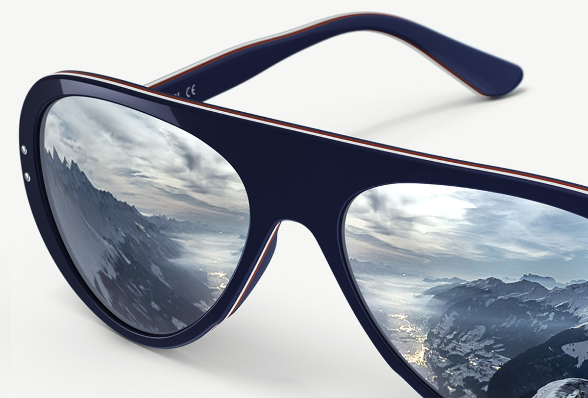 A close-up of VALLON's Ski Aviator sunglasses frame