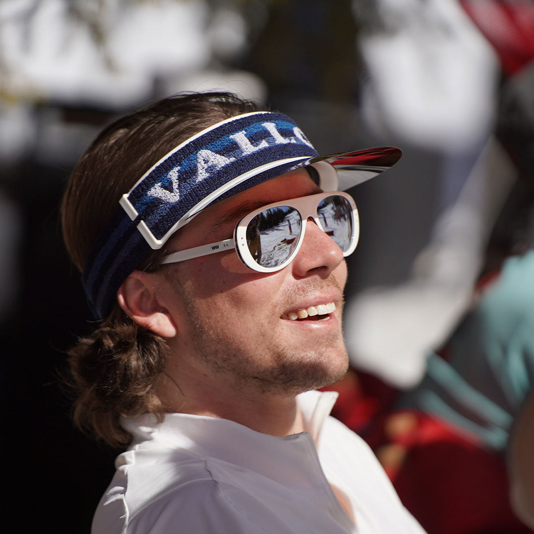 Man wears VALLON Vizor in bright sunshine for retro style and sun protection