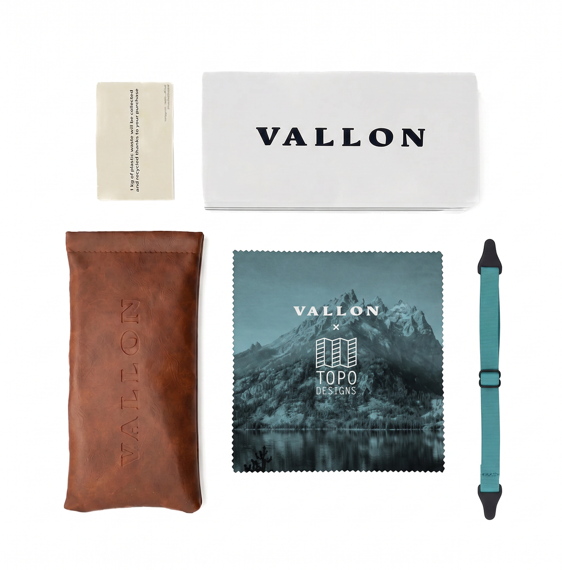 What's in the box image for Howlin' Topo Edition, including box, leather pouch, custom microfiber cleaning cloth and teal detachable sports headstrap