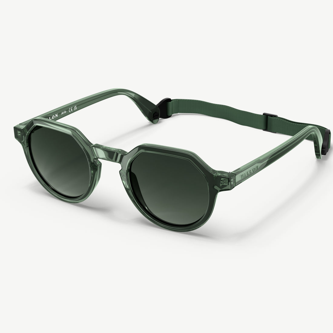Side view of Arlo geometric panto-style sunglasses from VALLON in green