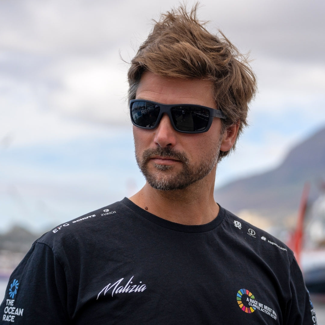 Boris Herrmann wearing Malizia sailing sunglasses made in collaboration with VALLON
