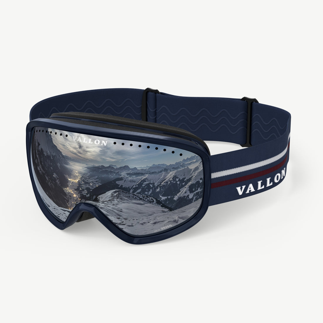 Side view of VALLON 80s-inspired retro Freebirds ski goggles in Navy-Silver