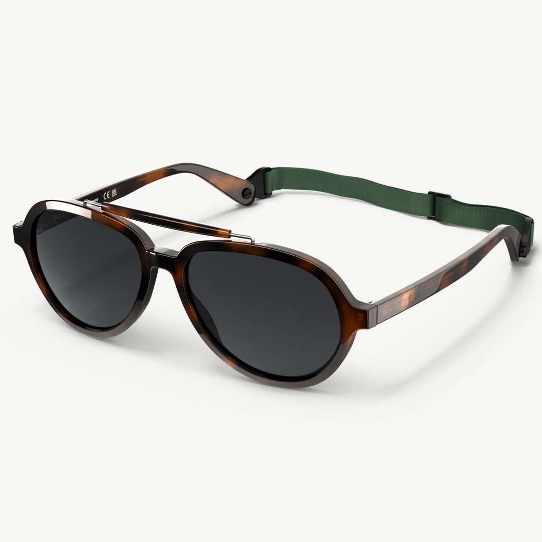 Side view of Elmore aviator sunglasses in Dark Tortoise from VALLON built with V52 optics, premium acetate frame and detachable sports headstrap