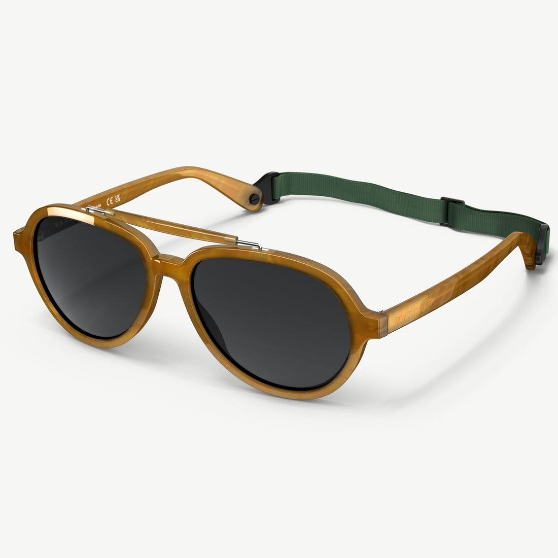 Side view of Elmore aviator sunglasses in Horn from VALLON built with V52 optics, premium acetate frame and detachable sports headstrap