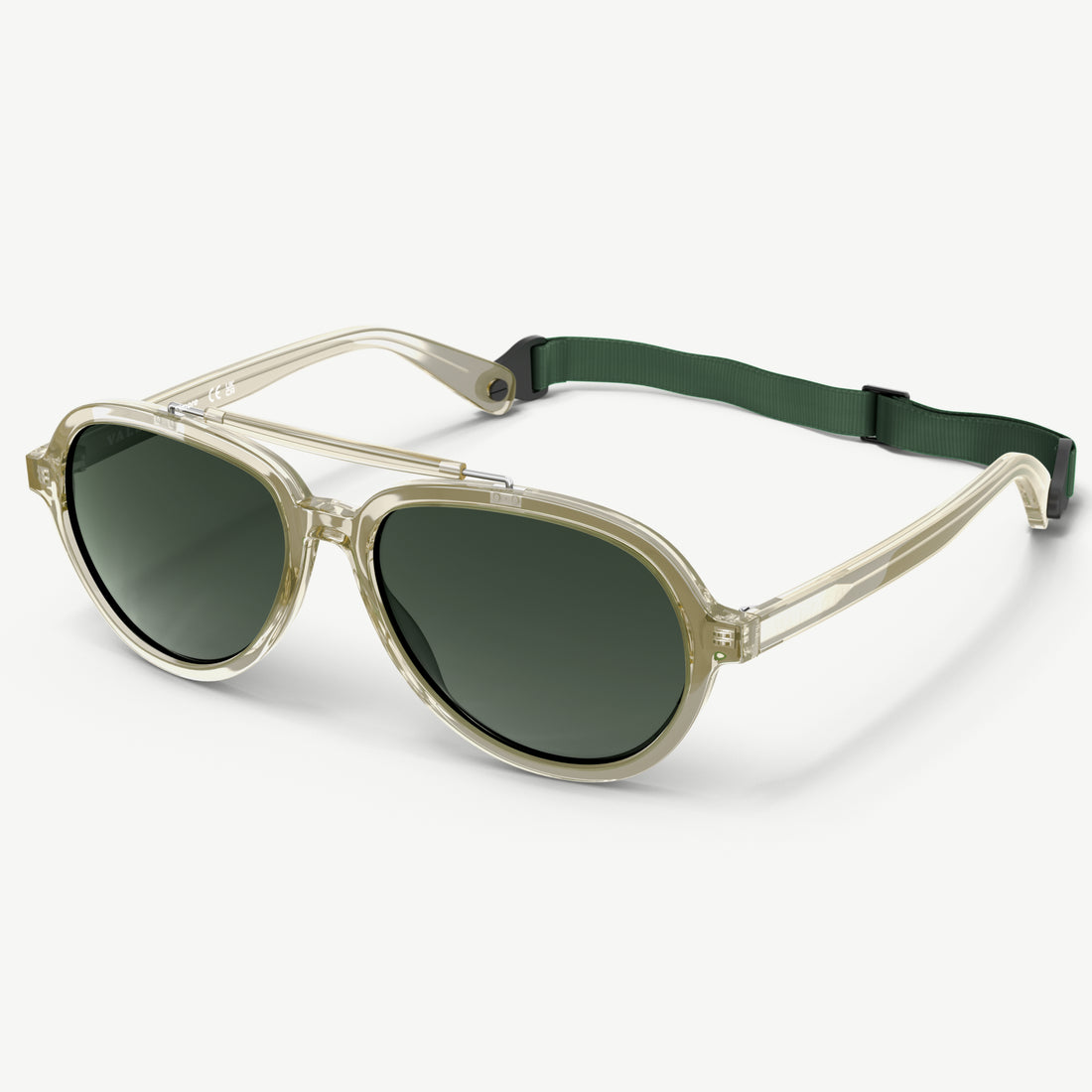 Side view of Elmore aviator sunglasses in Sage from VALLON built with V52 optics, premium acetate frame and detachable sports headstrap