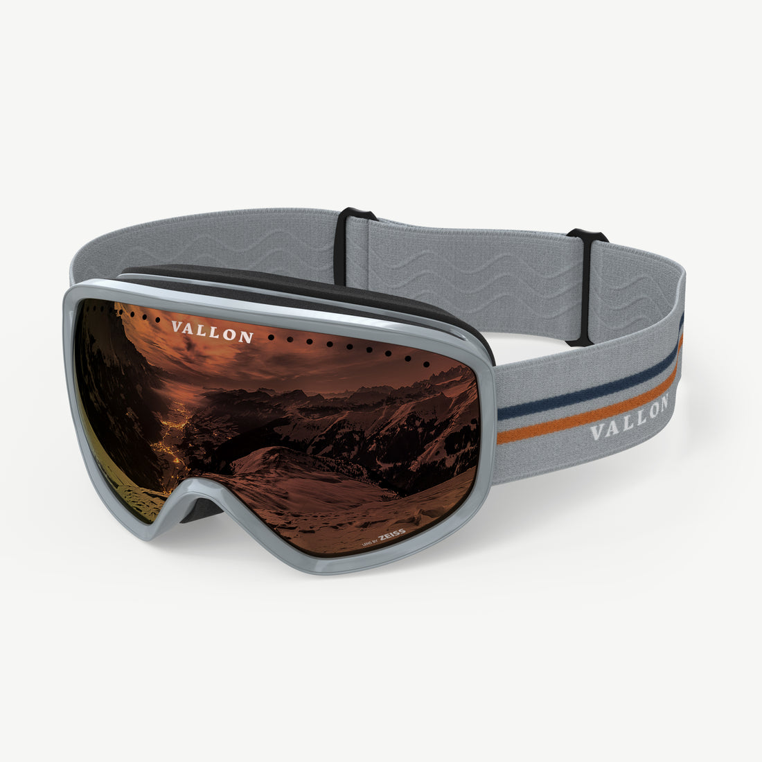 Side view of Classic 80s-style Freebirds ski goggles from VALLON in Grey-Copper